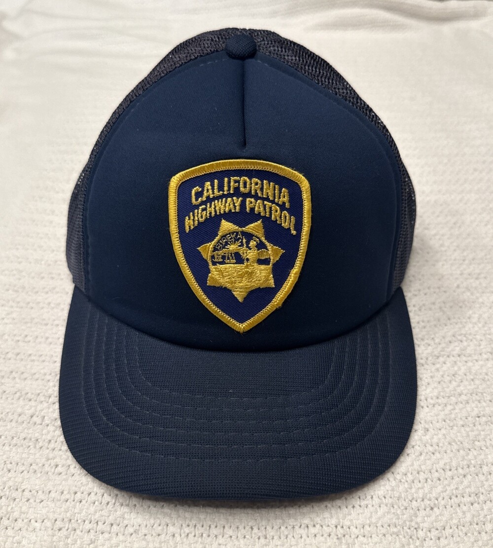Vintage 80s California Highway Patrol CHiPs Trucker Hat SnapBack Mesh Blue Look
